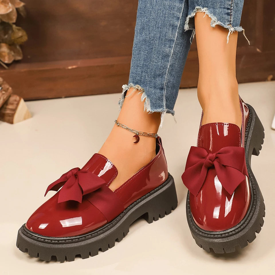Women Bow Decor Slip‑On Loafers Faux Patent Leather Lug‑Sole Platform Round‑Toe Sweet Preppy Casual Daily Dress Shoes