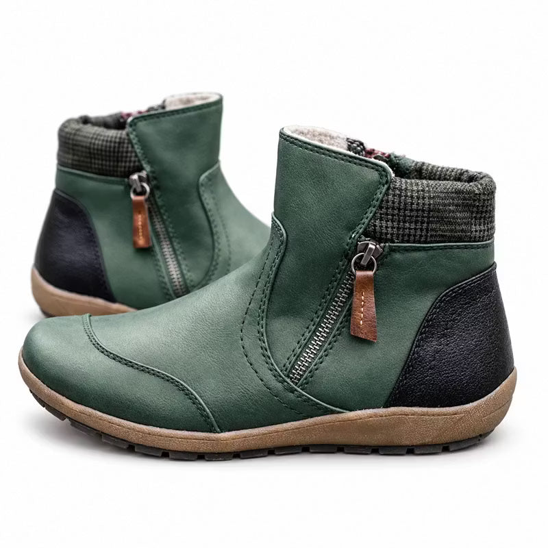 Women's Retro Round Toe Waterproof Zip Leather Ankle Boots