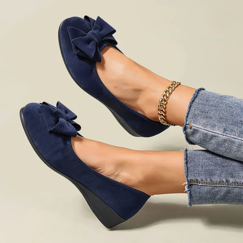 Women’s Mary Jane Shoes – Comfortable Wedge Flats with Bow Detail
