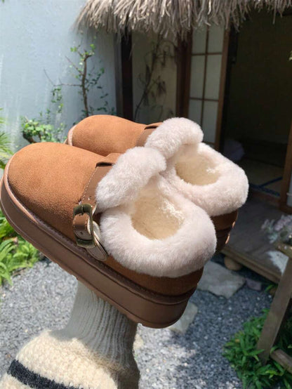 Women’s Cozy Fur-Lined Buckle Platform Slippers