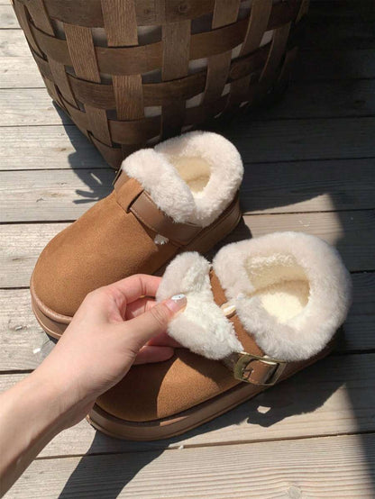 Women’s Cozy Fur-Lined Buckle Platform Slippers