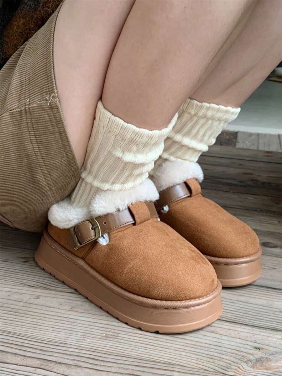 Women’s Cozy Fur-Lined Buckle Platform Slippers