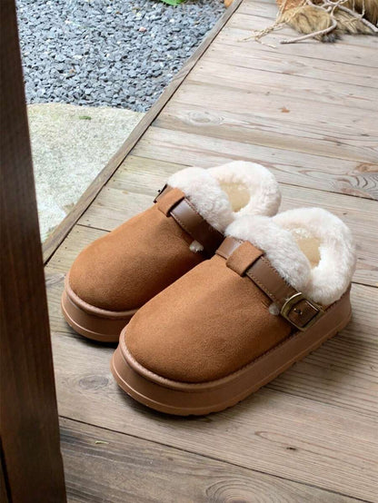 Women’s Cozy Fur-Lined Buckle Platform Slippers