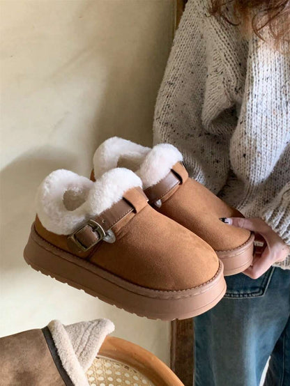 Women’s Cozy Fur-Lined Buckle Platform Slippers