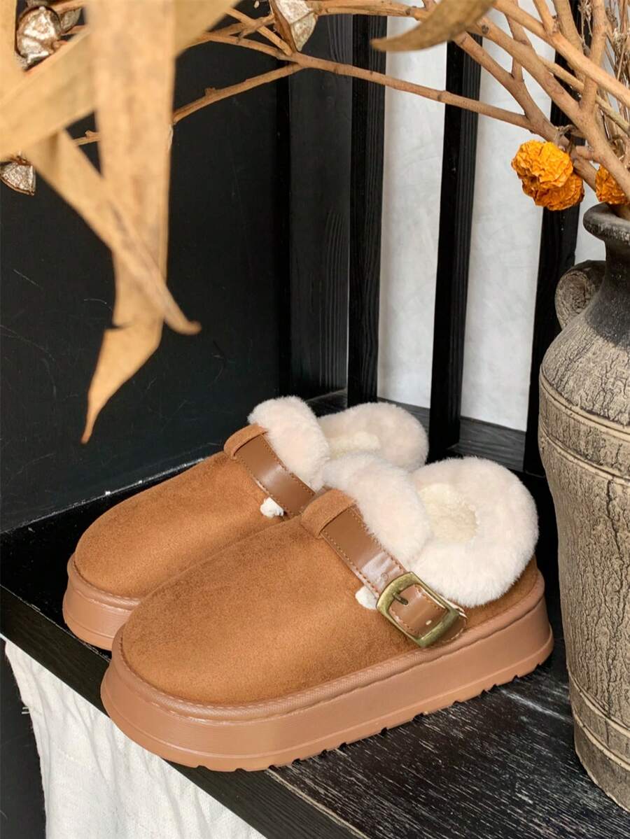 Women’s Cozy Fur-Lined Buckle Platform Slippers
