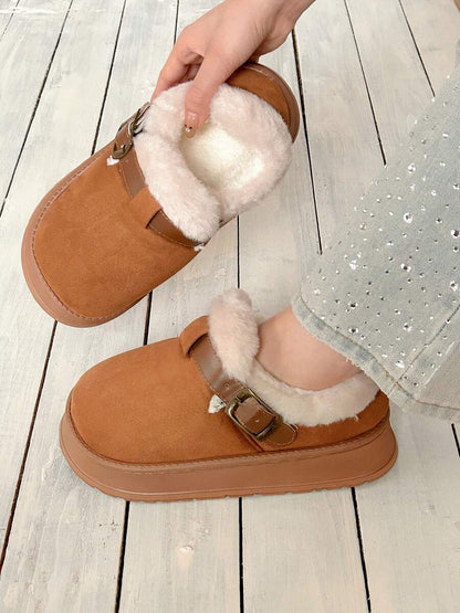 Women’s Cozy Fur-Lined Buckle Platform Slippers