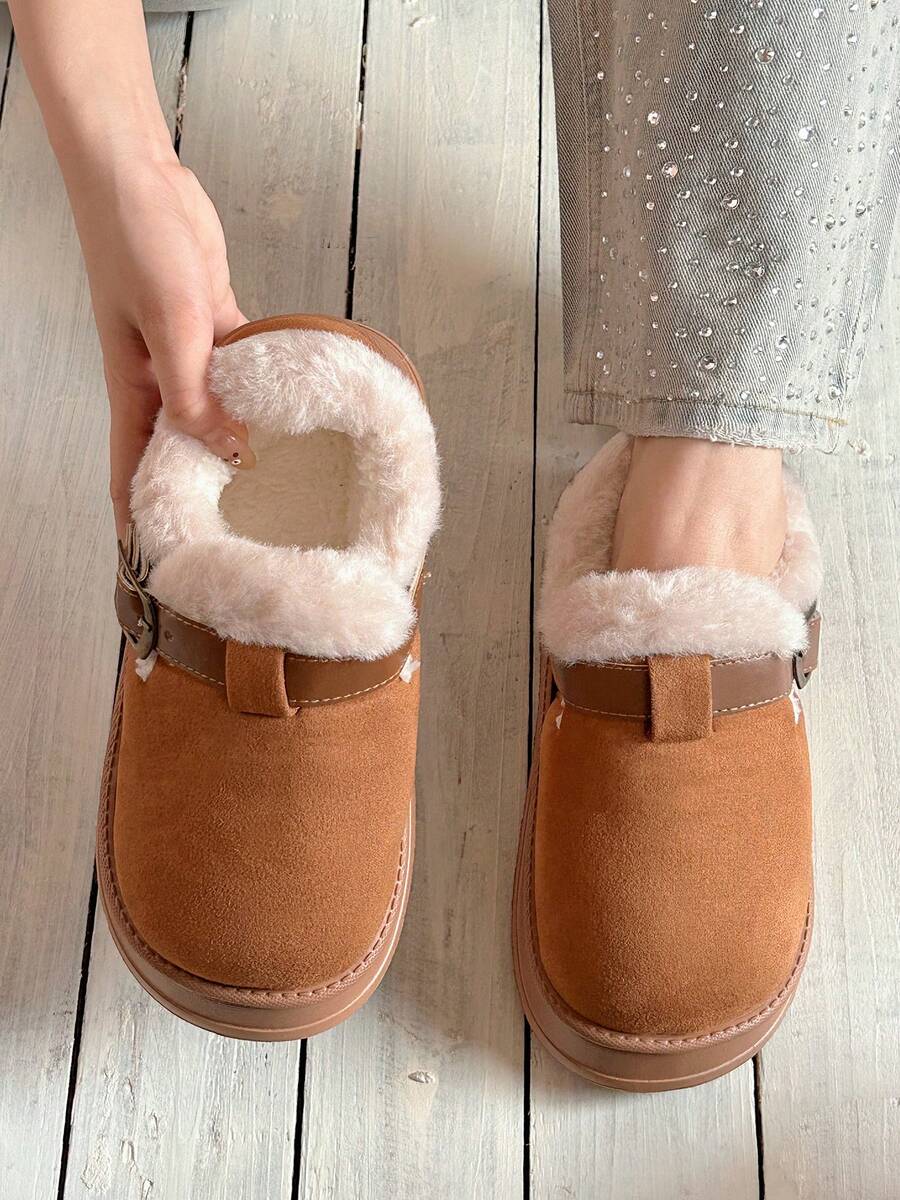 Women’s Cozy Fur-Lined Buckle Platform Slippers