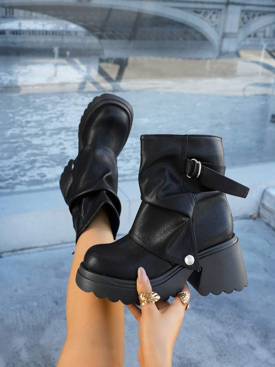 Women’s Slouchy Buckle Mid-Calf Boots – Chunky Heel Fall Boots