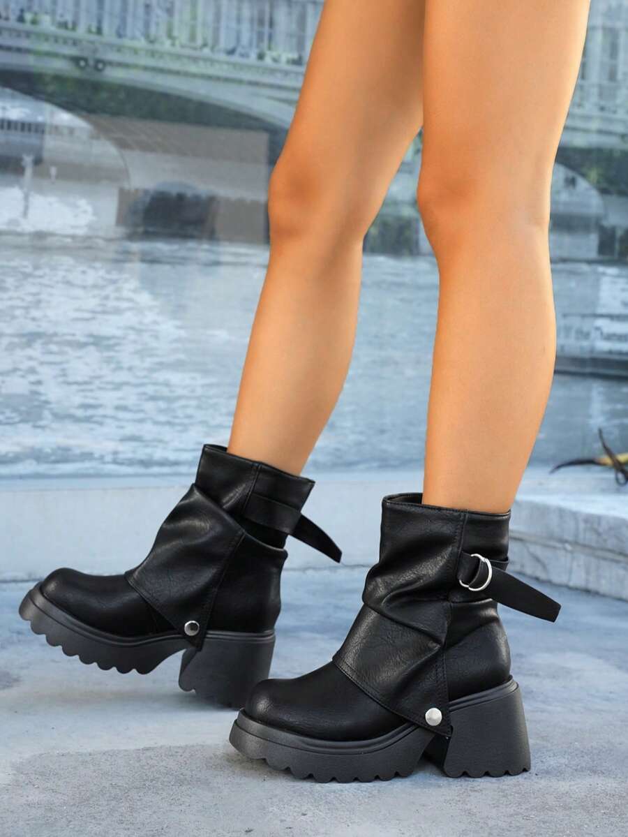 Women’s Slouchy Buckle Mid-Calf Boots – Chunky Heel Fall Boots