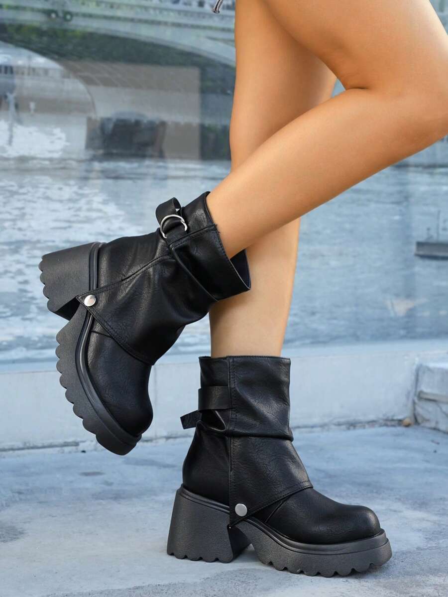 Women’s Slouchy Buckle Mid-Calf Boots – Chunky Heel Fall Boots