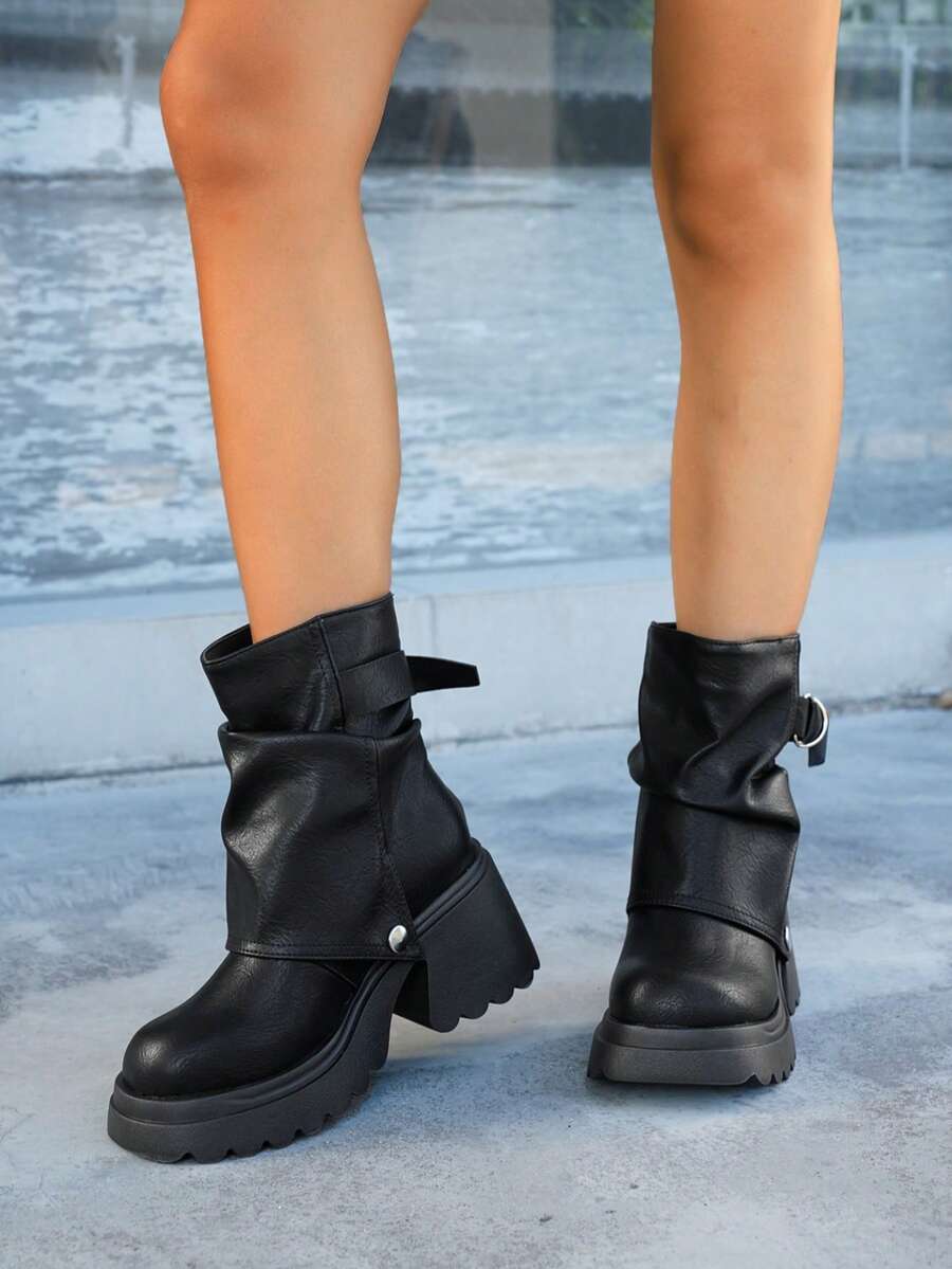 Women’s Slouchy Buckle Mid-Calf Boots – Chunky Heel Fall Boots