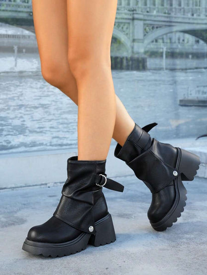 Women’s Slouchy Buckle Mid-Calf Boots – Chunky Heel Fall Boots