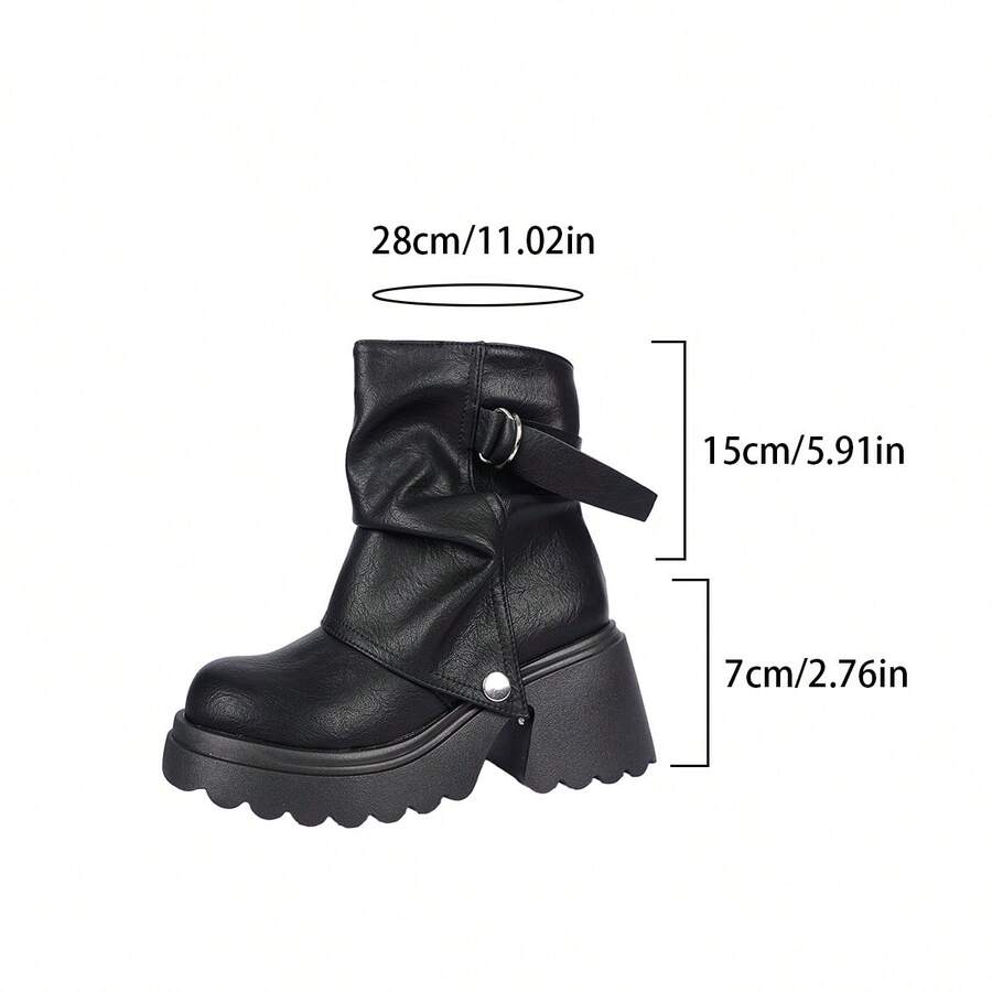 Women’s Slouchy Buckle Mid-Calf Boots – Chunky Heel Fall Boots