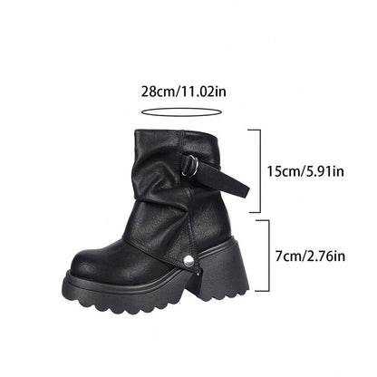 Women’s Slouchy Buckle Mid-Calf Boots – Chunky Heel Fall Boots