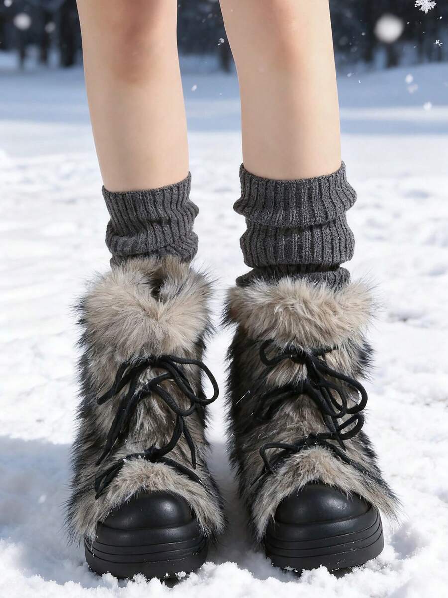 Women’s Faux Fur Lace-Up Platform Mid-Calf Snow Boots
