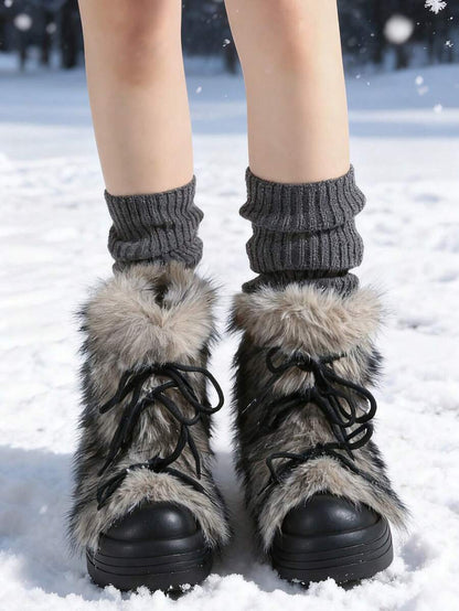 Women’s Faux Fur Lace-Up Platform Mid-Calf Snow Boots