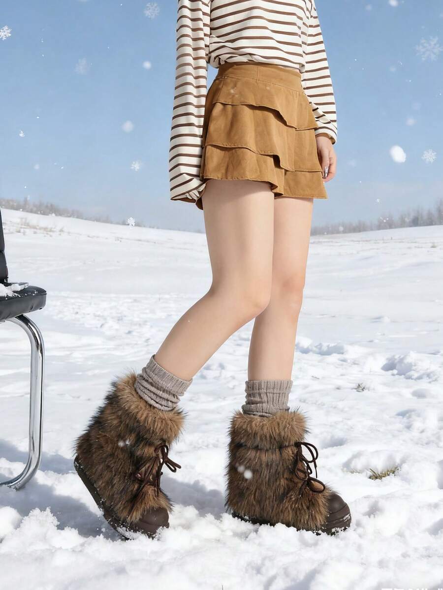 Women’s Faux Fur Lace-Up Platform Mid-Calf Snow Boots