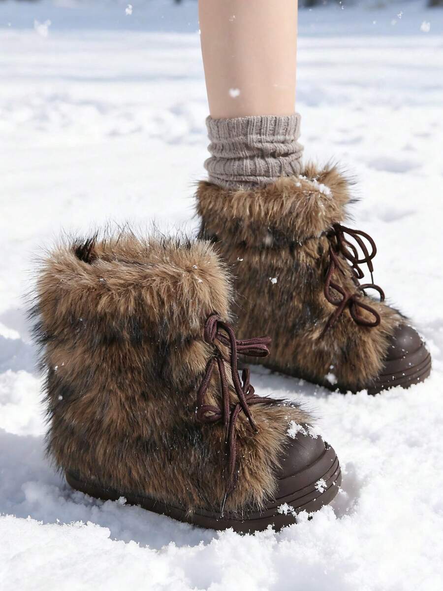 Women’s Faux Fur Lace-Up Platform Mid-Calf Snow Boots