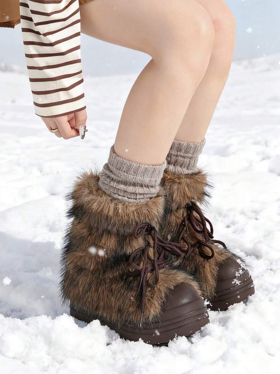 Women’s Faux Fur Lace-Up Platform Mid-Calf Snow Boots