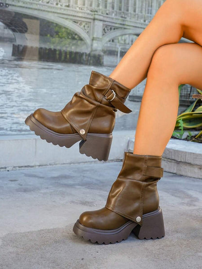 Women’s Slouchy Buckle Mid-Calf Boots – Chunky Heel Fall Boots