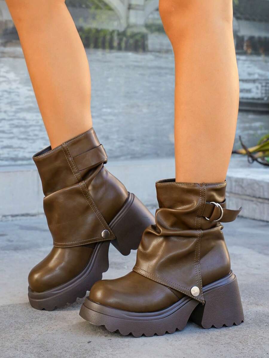 Women’s Slouchy Buckle Mid-Calf Boots – Chunky Heel Fall Boots