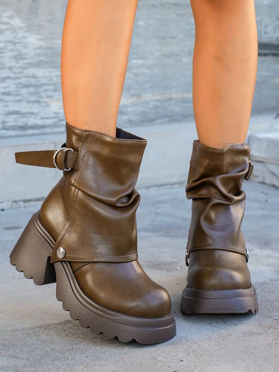 Women’s Slouchy Buckle Mid-Calf Boots – Chunky Heel Fall Boots