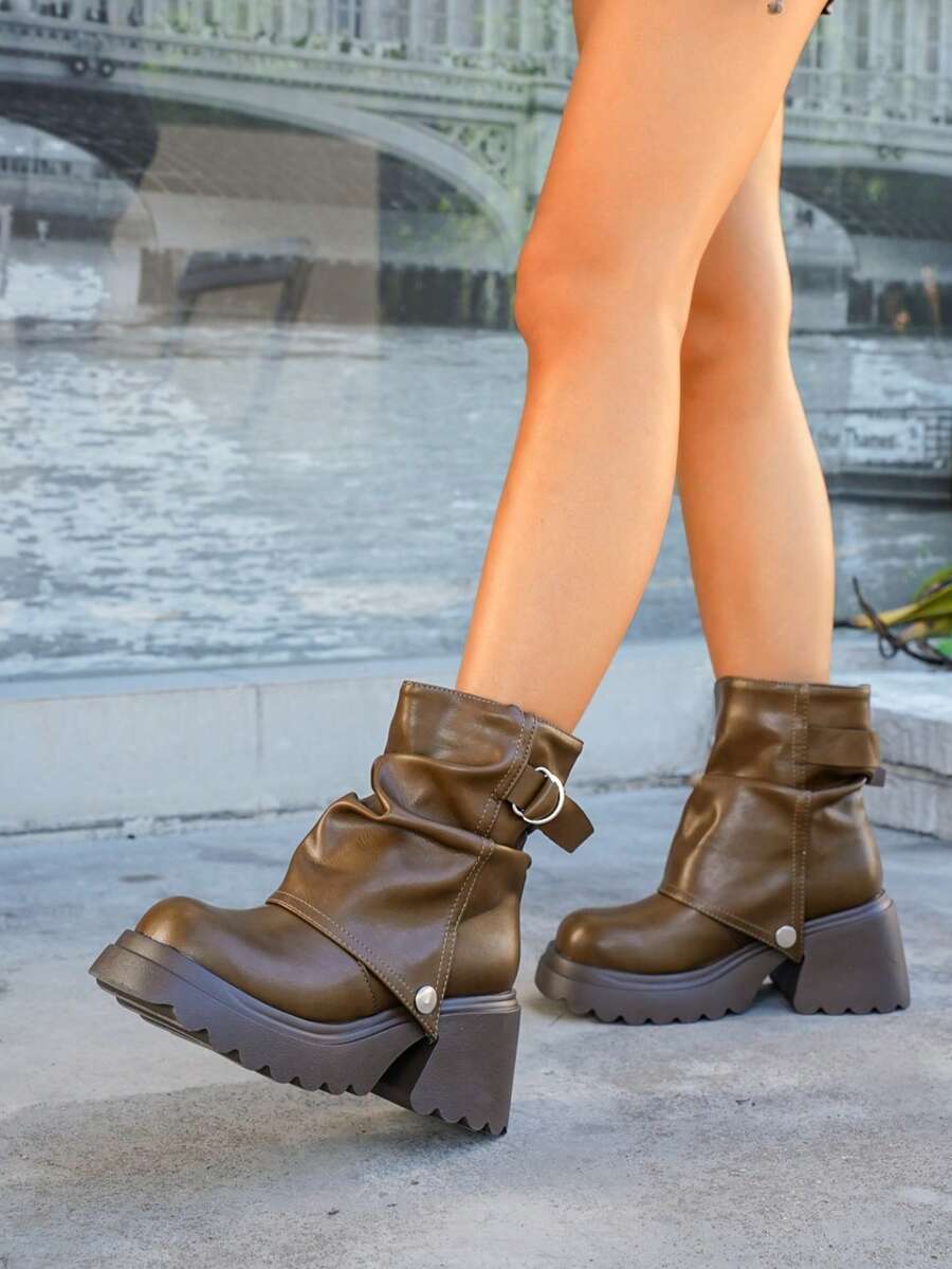 Women’s Slouchy Buckle Mid-Calf Boots – Chunky Heel Fall Boots