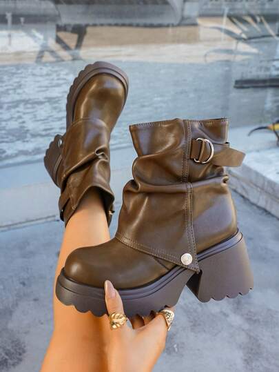 Women’s Slouchy Buckle Mid-Calf Boots – Chunky Heel Fall Boots
