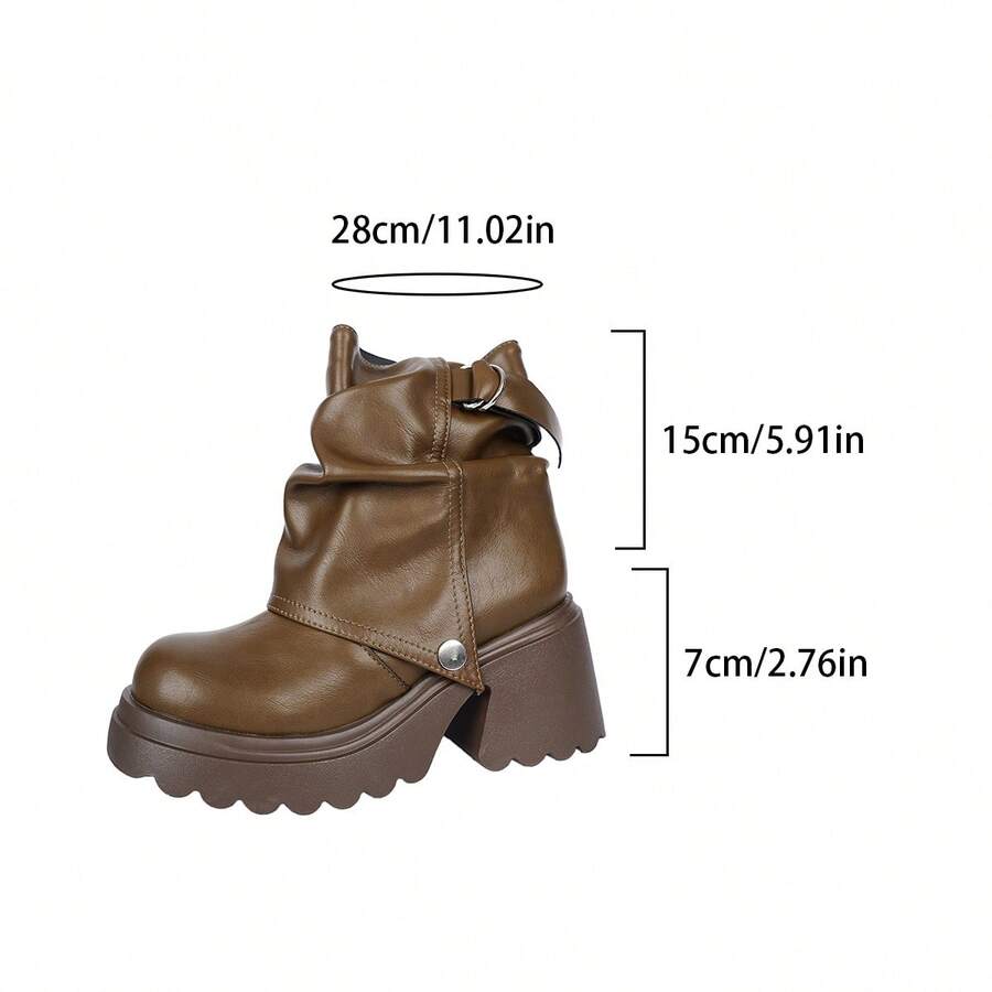 Women’s Slouchy Buckle Mid-Calf Boots – Chunky Heel Fall Boots