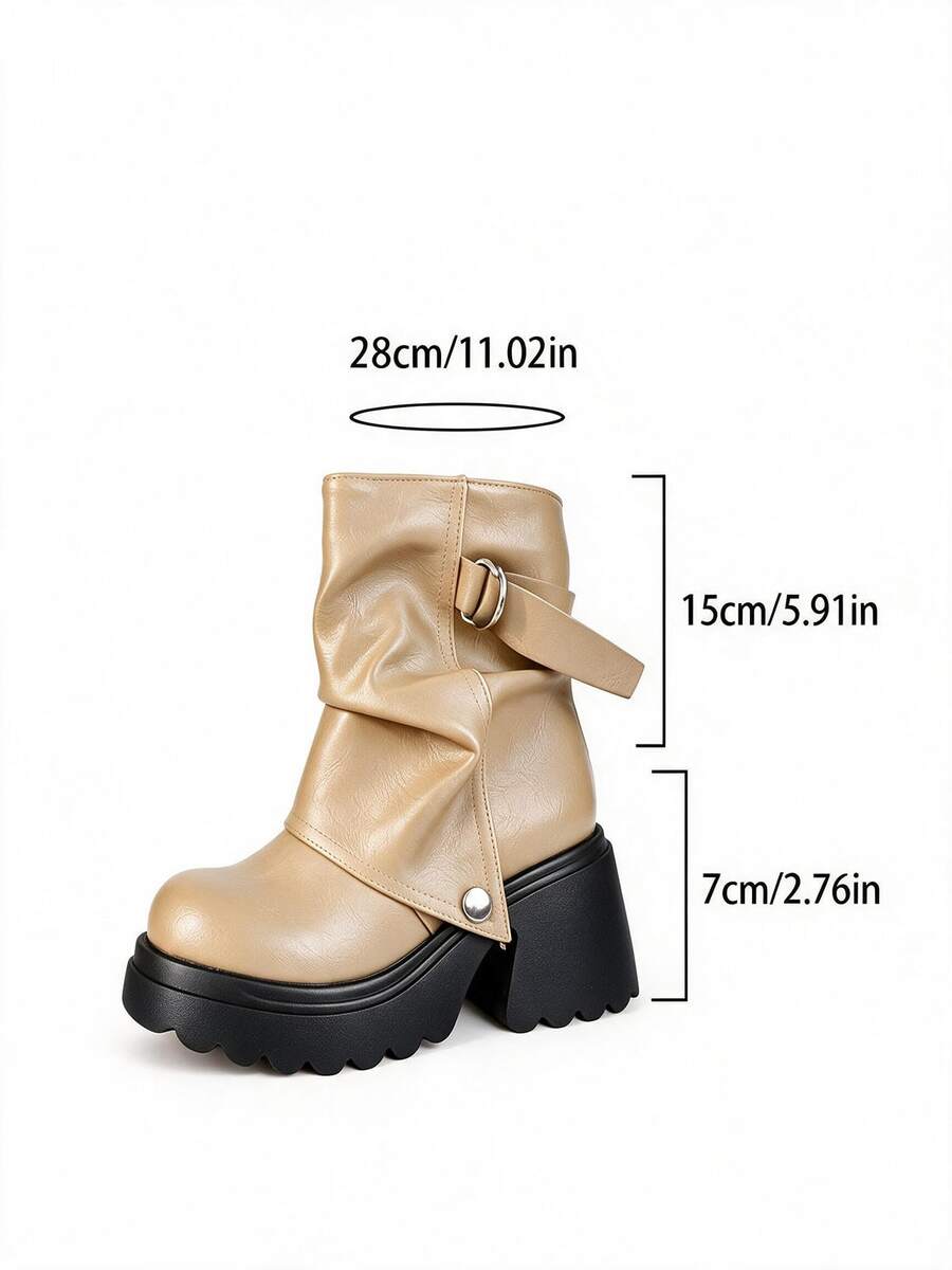 Women’s Slouchy Buckle Mid-Calf Boots – Chunky Heel Fall Boots