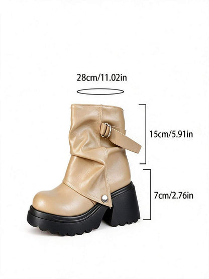 Women’s Slouchy Buckle Mid-Calf Boots – Chunky Heel Fall Boots