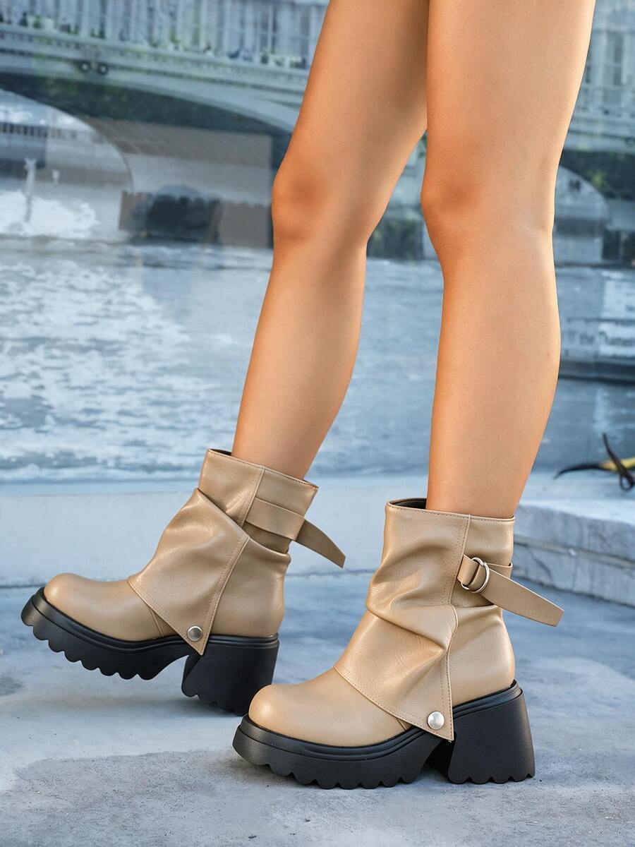 Women’s Slouchy Buckle Mid-Calf Boots – Chunky Heel Fall Boots