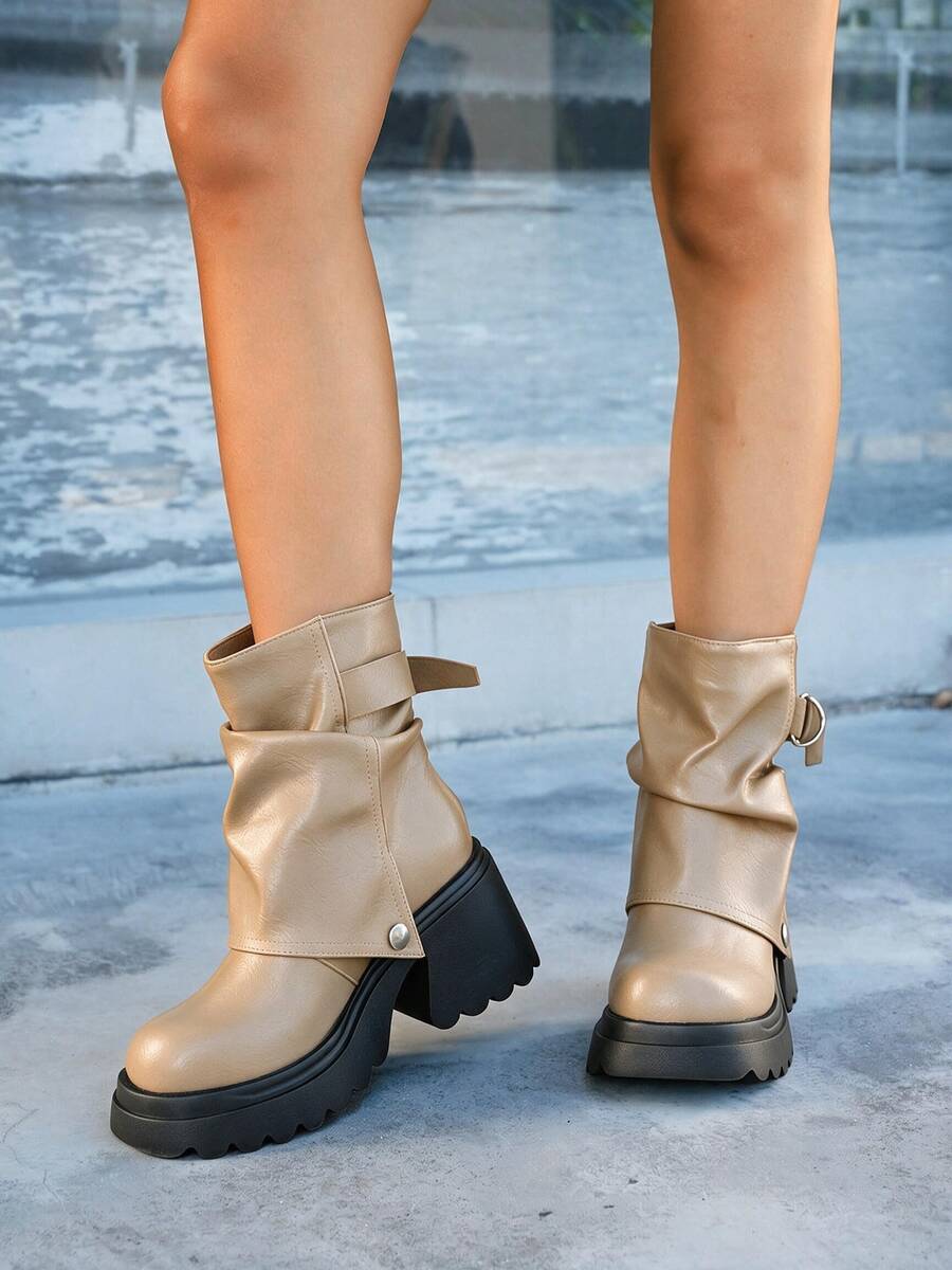 Women’s Slouchy Buckle Mid-Calf Boots – Chunky Heel Fall Boots