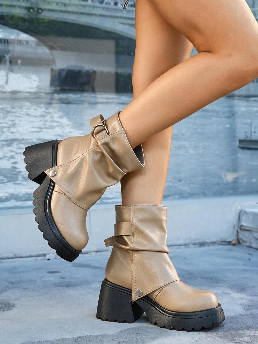 Women’s Slouchy Buckle Mid-Calf Boots – Chunky Heel Fall Boots