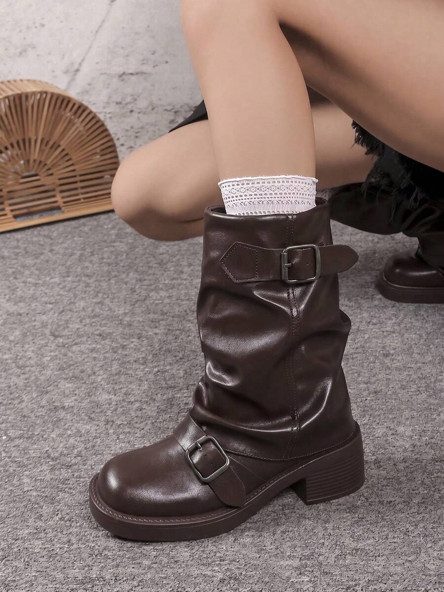 Women’s Vintage Slouchy Buckle Mid-Calf Boots