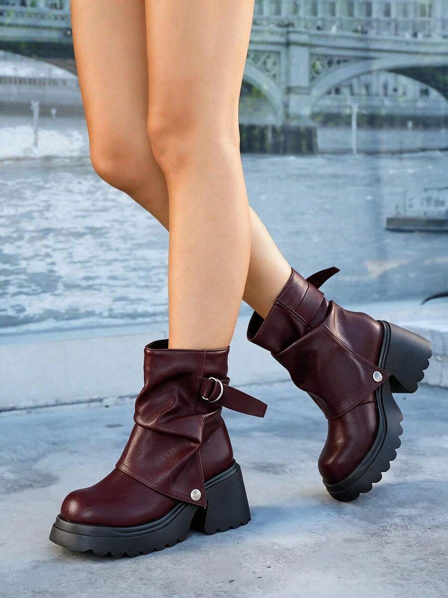 Women’s Slouchy Buckle Mid-Calf Boots – Chunky Heel Fall Boots