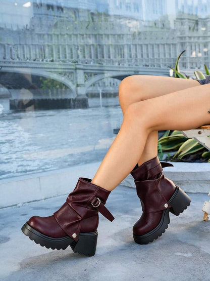 Women’s Slouchy Buckle Mid-Calf Boots – Chunky Heel Fall Boots