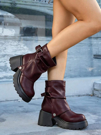 Women’s Slouchy Buckle Mid-Calf Boots – Chunky Heel Fall Boots