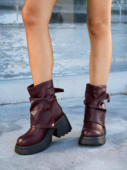 Women’s Slouchy Buckle Mid-Calf Boots – Chunky Heel Fall Boots