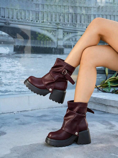 Women’s Slouchy Buckle Mid-Calf Boots – Chunky Heel Fall Boots