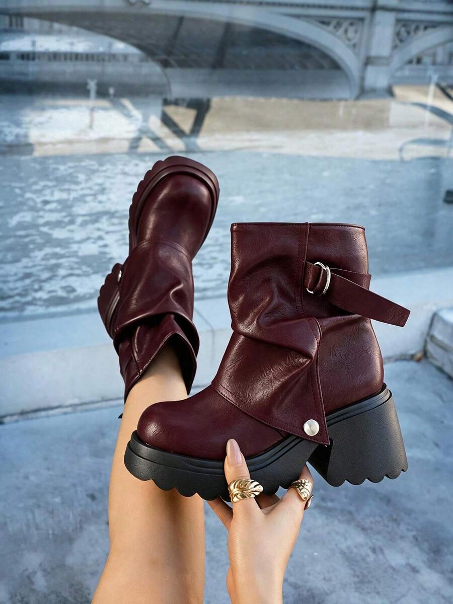 Women’s Slouchy Buckle Mid-Calf Boots – Chunky Heel Fall Boots