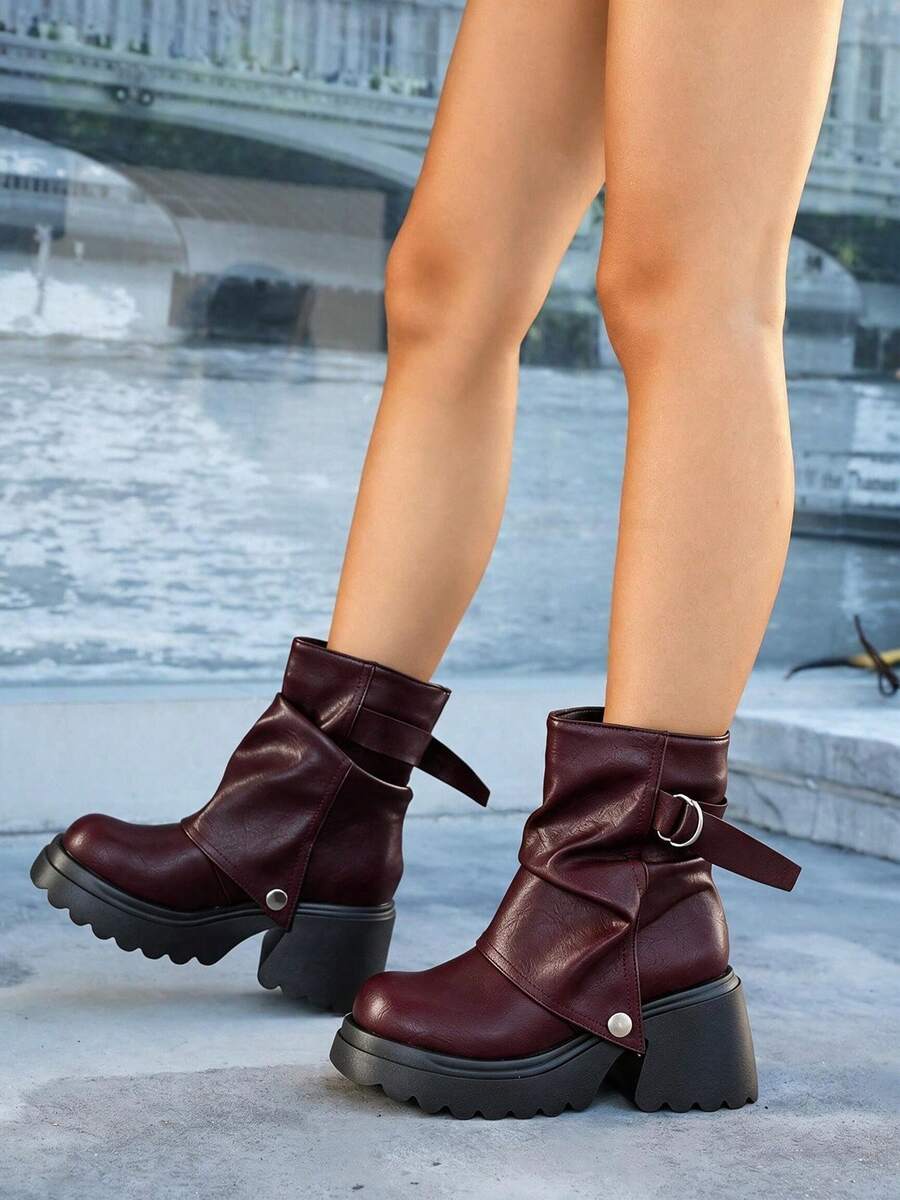 Women’s Slouchy Buckle Mid-Calf Boots – Chunky Heel Fall Boots