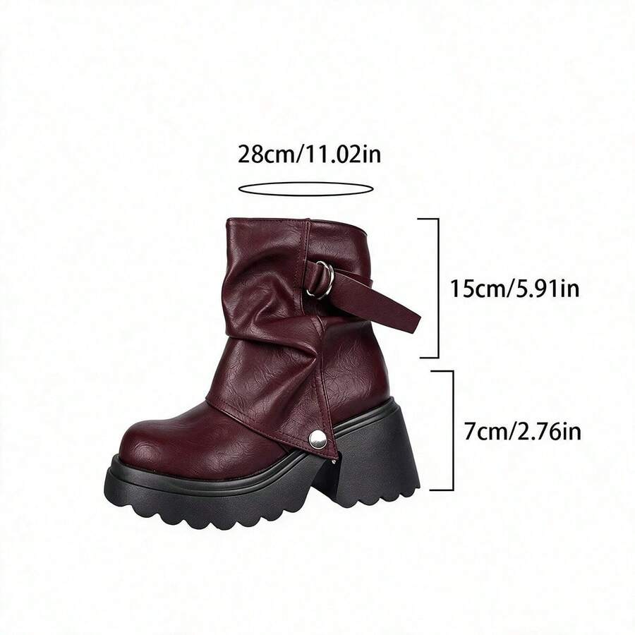 Women’s Slouchy Buckle Mid-Calf Boots – Chunky Heel Fall Boots