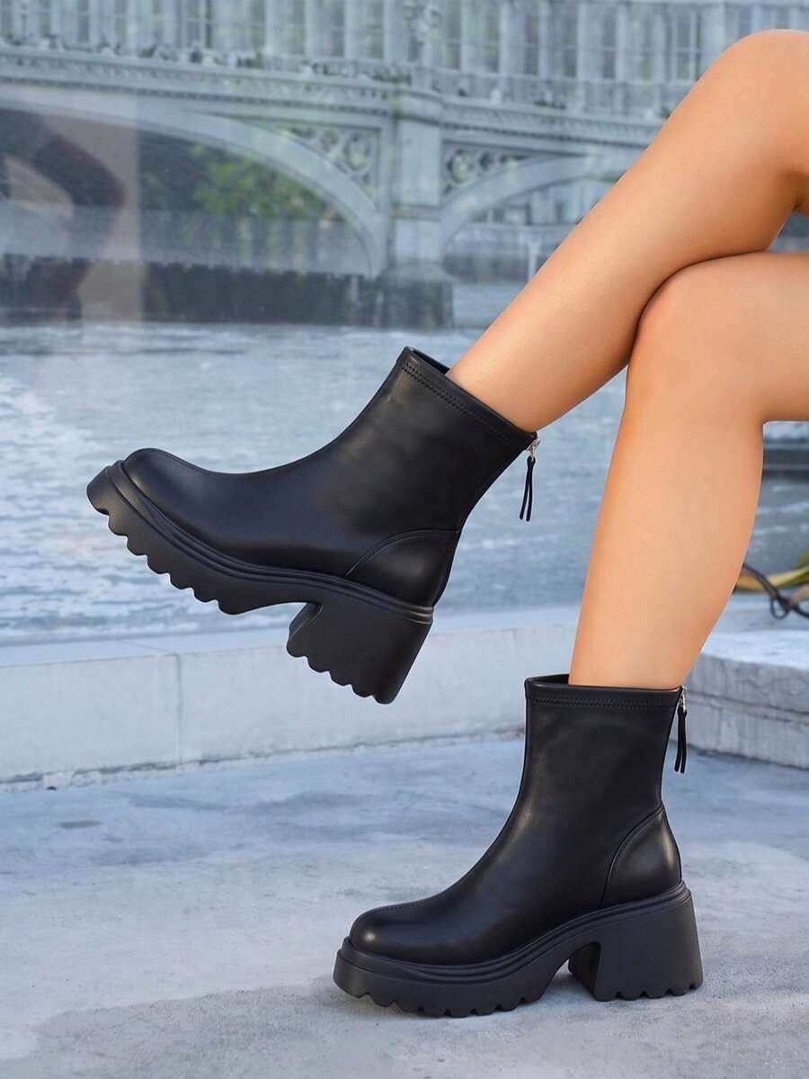 Women’s Slouchy Buckle Mid-Calf Boots – Chunky Heel Fall Boots