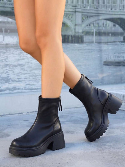 Women’s Slouchy Buckle Mid-Calf Boots – Chunky Heel Fall Boots