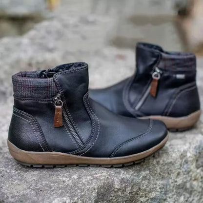 Women's Retro Round Toe Waterproof Zip Leather Ankle Boots