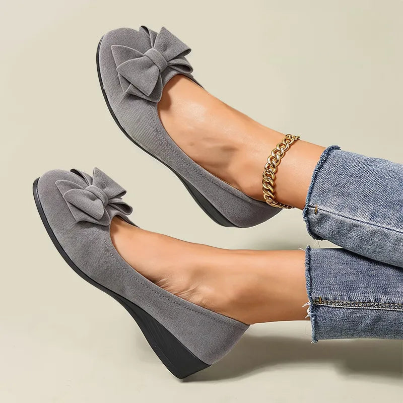 Women’s Mary Jane Shoes – Comfortable Wedge Flats with Bow Detail