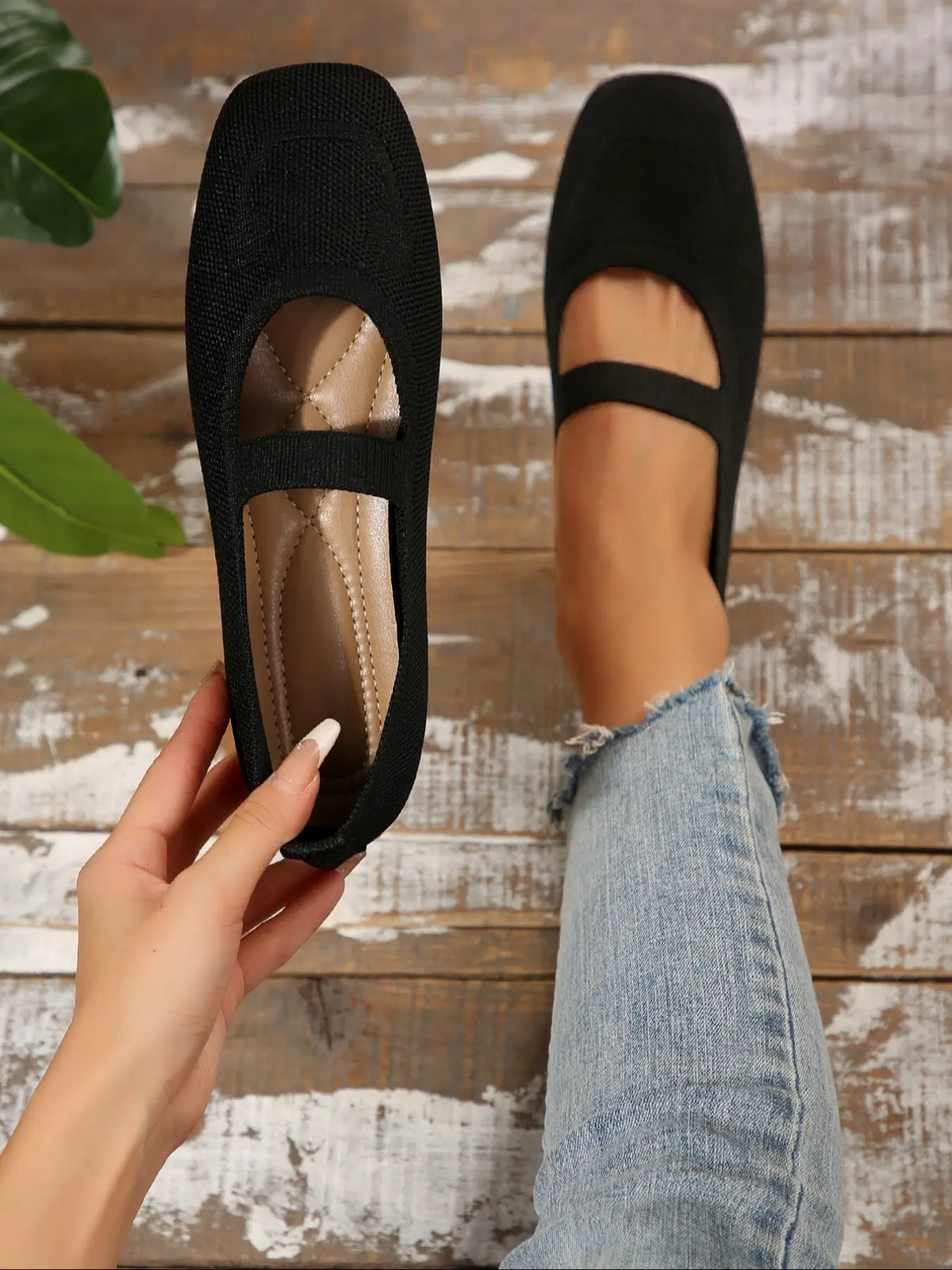 Women's Knit Mary Jane Flats – Square Toe, Heel Strap, Slip-On