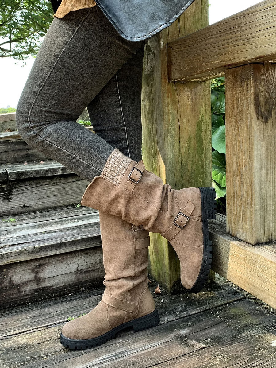 Women's Vintage Print Warm Waterproof Leather Boots
