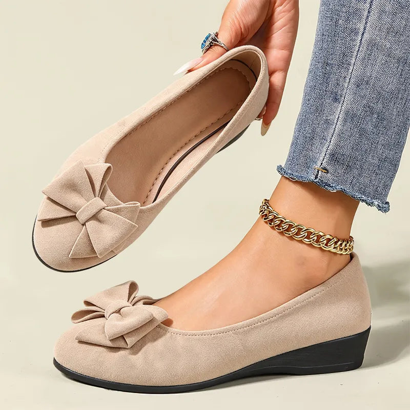 Women’s Mary Jane Shoes – Comfortable Wedge Flats with Bow Detail